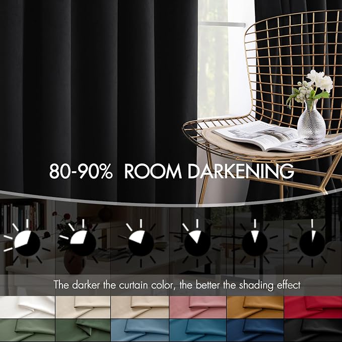 MIULEE Velvet Curtains 50W x 108L 2 Panels Black Blackout Curtains | Luxury velvet fabric, pinch pleat design, back tab hooks, thermal insulated, blackout light blocking, for living room bedroom