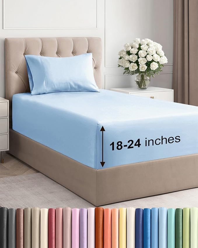 Extra Deep Twin Sheet Set - 3 Piece Breathable Cooling Sheets - Light Blue | Easily Fits 18 to 24 inch Mattress - Ultra Soft, Wrinkle & Fade Free with Extra Deep Pockets - Comfy Hotel Luxury Bedding