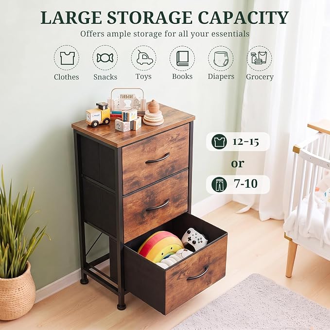 3 Drawers Dresser for Bedroom Fabric Storage Tower with Wooden Top | Steel Frame Chest of Drawers for Closet Entryway Dorm and Small Spaces, Brown