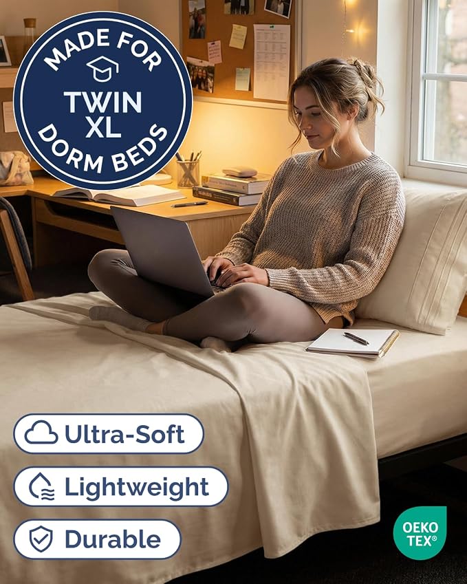 Twin XL 3 Piece Sheet Set - College Dorm Room Essentials - Cream | Deep Pocket Bed Sheets for Women, Men, Teens & Students, Soft, Cooling, Breathable & Wrinkle Free, Oeko-Tex Bed Sheet Set