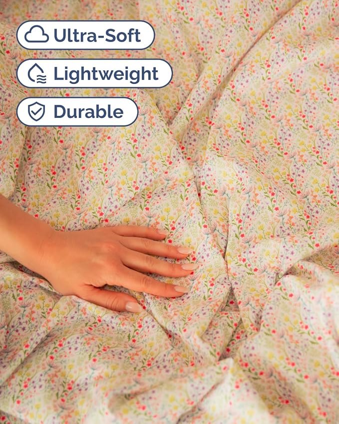 Twin 3 Piece Floral Sheet Set - Soft, Breathable & Cooling - Rosebud Sprigs | 1 Flat, 1 Fitted & 1 Pillowcase w/ Deep Pockets, Boho Botanical Floral Bedding, Breathable & Cooling, Wrinkle & Fade Free