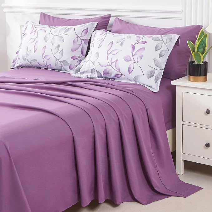 Yogeneg Botanical Comforter Set Queen Size 7 PCS Bed in a Bag,Purple Grey Leaves Printed on White Reversible Design,Soft Microfiber Bedding Complete Set for All Season(Purple,Queen)