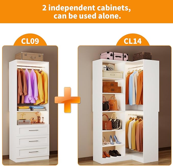 Closet System with 3 Drawers, Corner Closet Organizer Systems with 7 Shelves & 5 Hanging Rods L-Shaped Walk in Closet Freestanding Corner Tower Modular Storage System 2 Sets 1400+ Lbs Capacity White