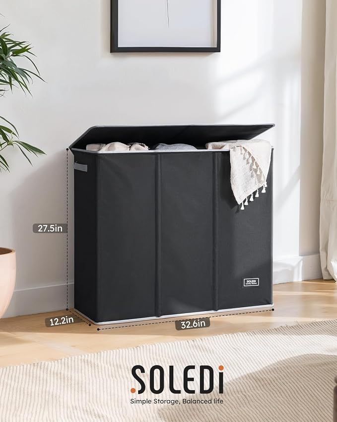 SOLEDI Large Laundry hamper 3 Section with Laundry Bag, XL Clothes Basket | 3-Section Large capacity Laundry Sorter with Odor-Blocking Lid, Robust Iron Frame & Waterproof 600D Fabric, 3 Washable Bags