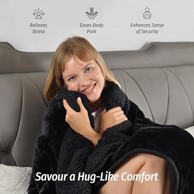 Sherpa Fleece Weighted Blanket for Adult 15 lbs Twin 48"x72" Black | Better Sleep, Relax Body & Mind, Dual Sided Soft Fuzzy Heavy Throw Blankets, Plush Flannel Top, Chunky Fluffy, Warm Hug