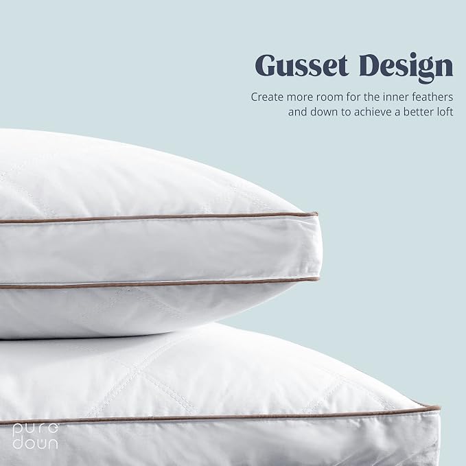 puredown® Goose Feathers and Down Pillow for Sleeping Hotel Collection Bed Pillows, Gusseted, Queen, Set of 2