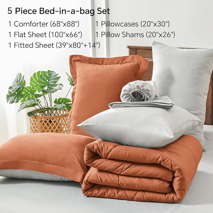 BEDELITE Twin XL Comforter Set 5 Pieces, Burnt Orange Bed in A Bag | Soft All Season Down-Alternative Comforter, Sheets, Pillowcases & Shams, OEKO-TEX Certified Bedding for Drom Room, College