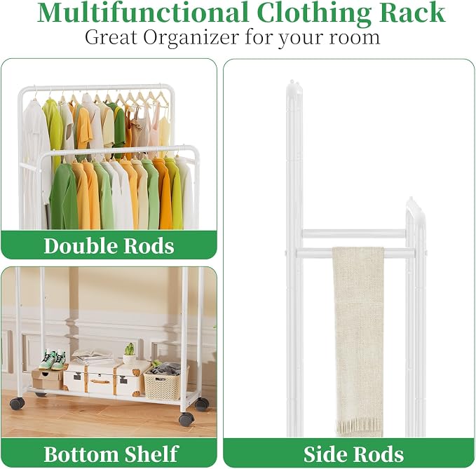 Simple Trending Clothing Clothes Rack, Double Rod Garment Rack, White | Portable Closet with Bottom Shelf, Anti-Slip Stoppers, 360° Lockable Wheels, Multiple Uses, Bedroom, Laundry Room