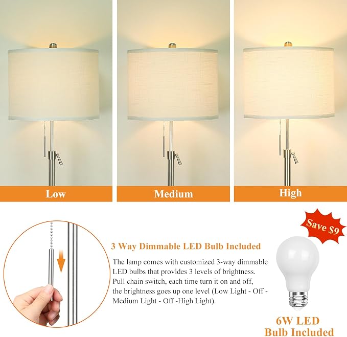 Qingmiao Brushed Nickel Floor Lamps for Living Room, 55"-67" Height Adjustable Modern Tall Lamp, 3-Way Dimmable Standing Lamp for Bedroom Office Reading Corner Home Decor, New House Warming Gifts