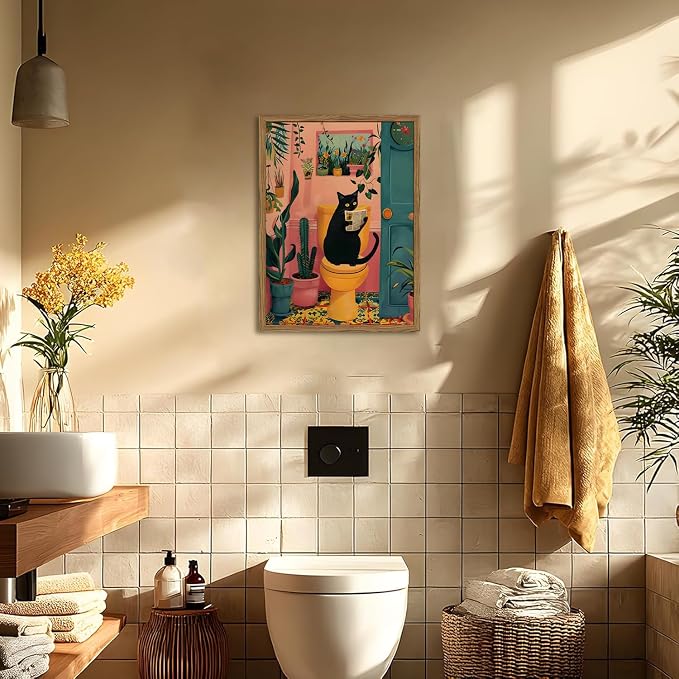 Funny Black Cat Bathroom Wall Art Whimsical Cat Reading Newspaper on Toilet Wall Decor Picture Cute Animal Bathroom Poster Canvas Painting Prints for Restroom 16x24 inch Framed