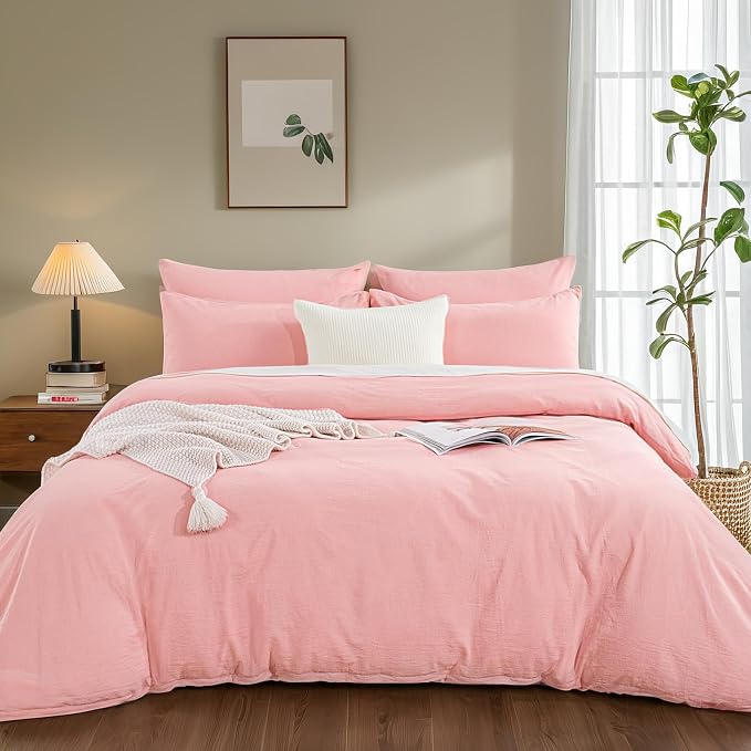 NEXHOME PRO Duvet Cover Full 100% Washed Cotton, Organic Natural Linen Like Textured, Breathable, Durable, Home Bedding Set, Heathered Pink 8090