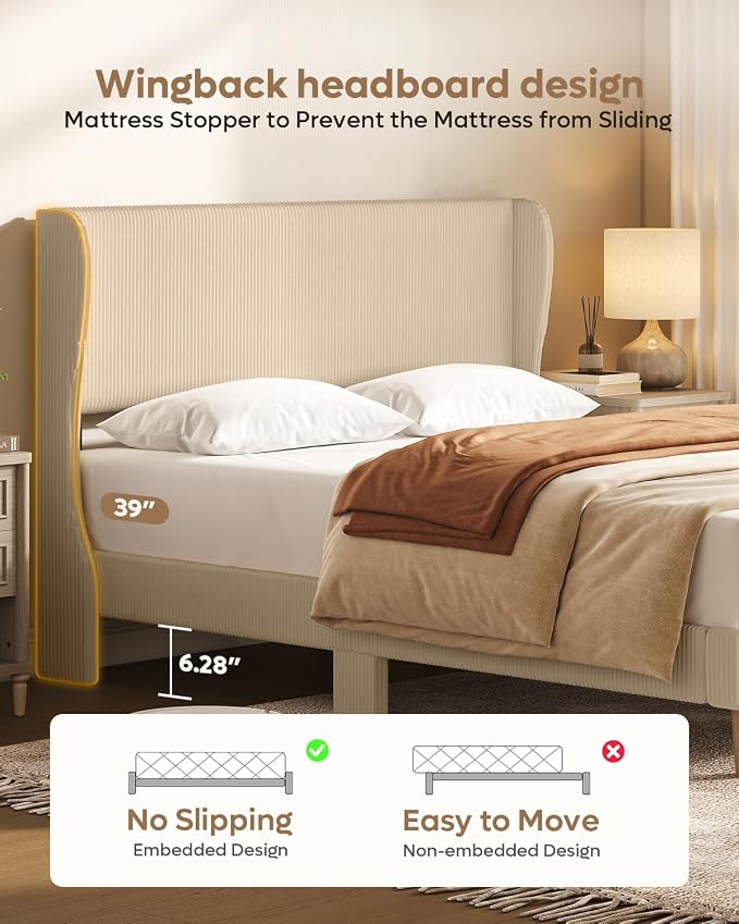 Bestier Queen Bed Frame with Wingback Headboard,Upholstered,Taque | Wingback Headboard,Easy Assembly,No Squeaks,Vertical Channel Corduroy Upholstered,Wooden Slats Support,No Box Spring Needed