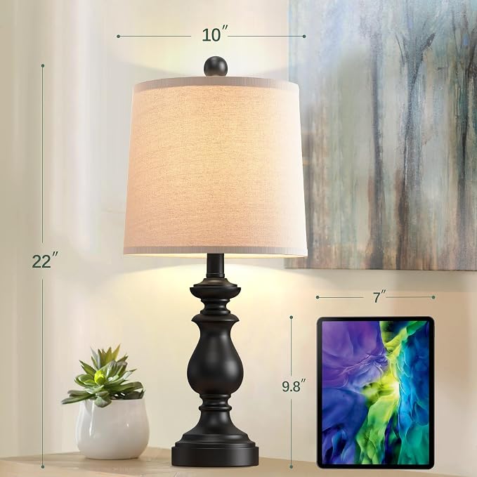 Traditional Table Lamp Set of 2, Rustic Farmhouse Table Lamps for Living Room Bedroom, 22" Bedside Desk Lamps Vintage Nightstand Lamps with Linen Shades, Black