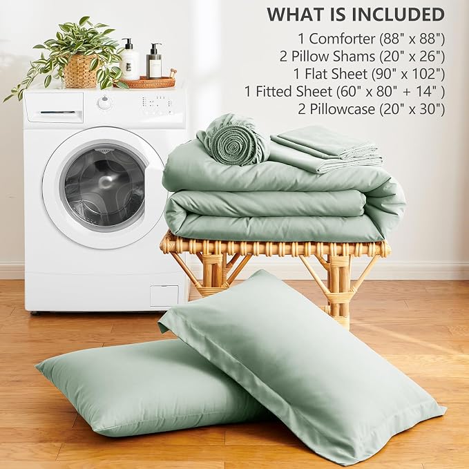 HIMEET Queen Comforter Set, 7-Piece Point-Quilted Bed in a Bag Sage Green | OEKO-TEX Certified, Lightweight 240 GSM Comforter, Flat Sheet, 14-Inch Deep-Pocket Fitted Sheet, Pillowcases & Shams
