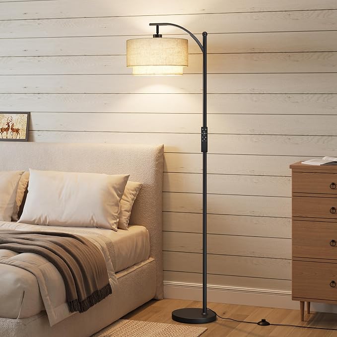 SUNMORY Arc Floor Lamps for Living Room with 12W Remote and Dimmable Bulb | Modern Floor Lamps with Adjustable Double Fabric Shades Shades, LED Lamp, Boho Standing Lamp for Bedroom, Corner, Home Decor