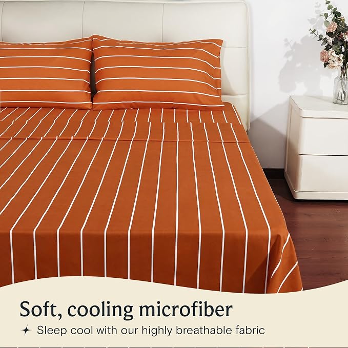 Queen Size Striped Sheets, Deep Pocket Soft & Cooling Bed Sheet Set, 4PC | LuxClub Silky Fitted Sheet & Pillowcase Sets, Breathable Hotel Luxury Bedding for Mattress Wrinkle Free, Autumn Orange