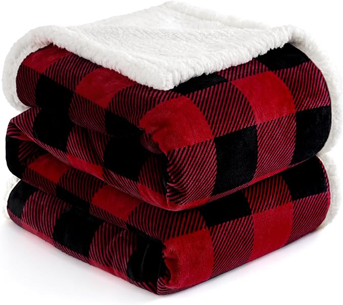PU MEI Sherpa Fleece Throw Blanket 60" x 80" Reversible Plush Fluffy Large Big Blanket Lattice Flannel Blankets for All Season Use, Red and Black