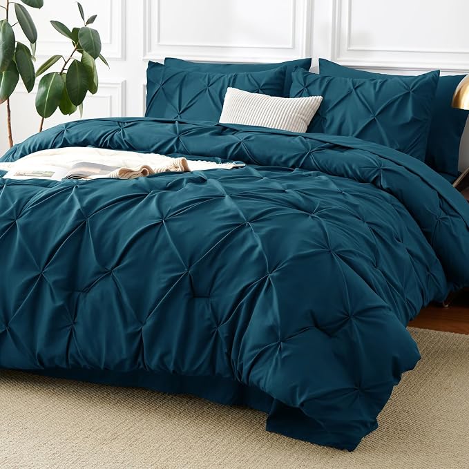 Queen Comforter Set Lyons Blue, 7 Pieces Pintuck Bed in a Bag | OEKO-TEX 100 Certified, 240GSM All Season, Bedroom, Guest Room, Down-Alternative Comforter, Sheets, Pillowcases & Shams