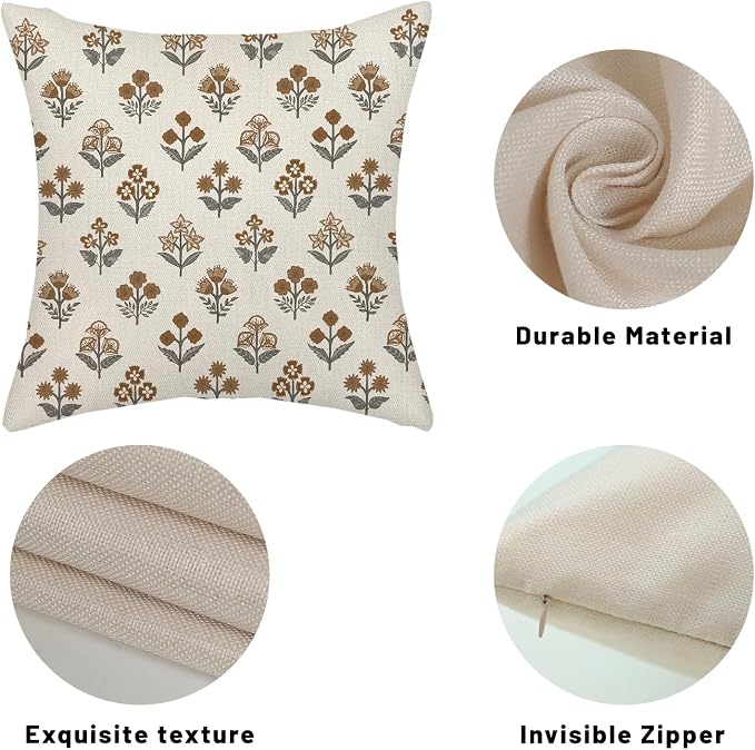 Brown Grey Pillow Covers 18x18 Inch 2 Pcs Gray Block Print Vintage Floral Decor Throw Pillows Boho Flower Spring Summer Outdoor Seasonal Decoration Pillowcase Linen Cushion Cover for Couch Sofa