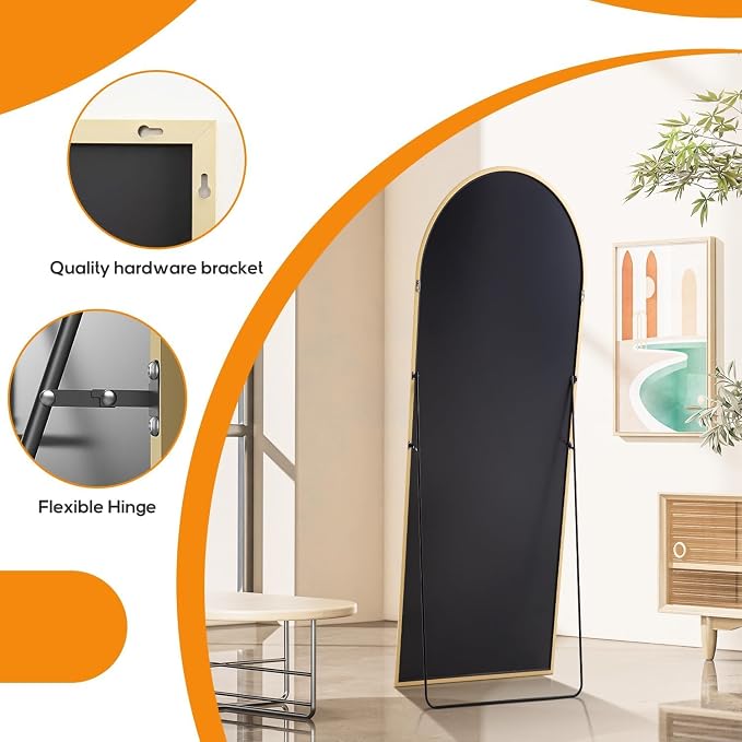 21"x64" Arched Mirror Full Length, Upgraded Body Wall Mirrors | Shatter-Proof Glass, Floor Standing, Hanging or Leaning, Tall Mirror with Stand Aluminum Alloy Frame for Bedroom, Gold