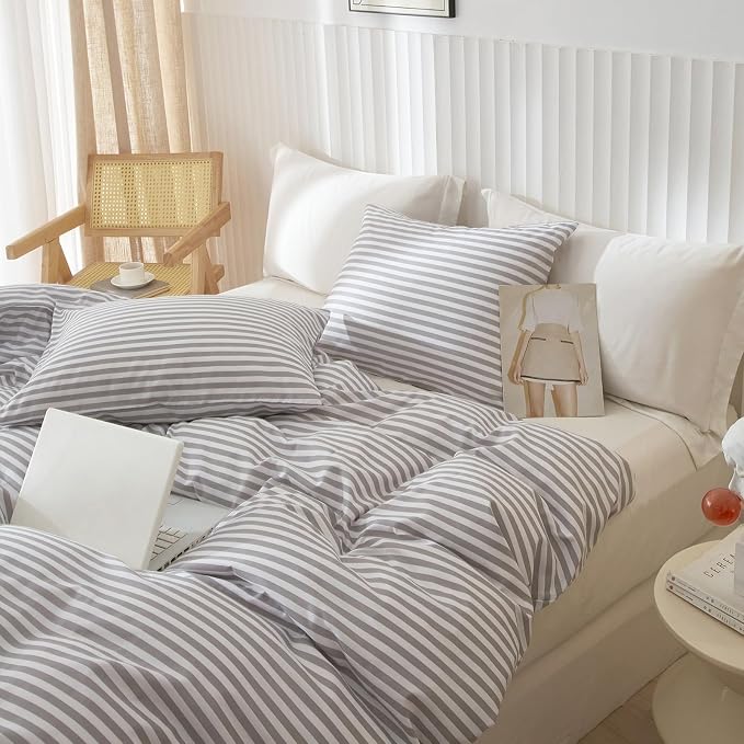 LifeTB Grey Striped Comforter Set Full Modern Style Stripes Pattern Comforter for Men Boy Teen Geometric Grey White Stripe Printed Boho Bedding Comforter for All Season Fluffy Soft Full Comforter Set