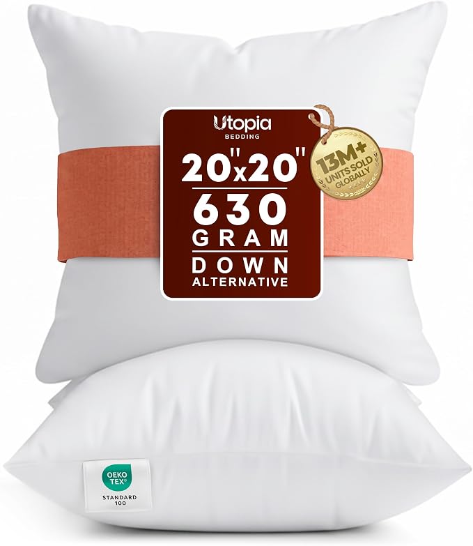Utopia Bedding 20x20 Pillow Inserts, White Throw Pillows for Couch, 2 Pack | 100% Virgin Filling, Indoor Cushion Inserts for bed, sofa & couch, Extra Filled, Supportive & Fluffy Decorative Pillows