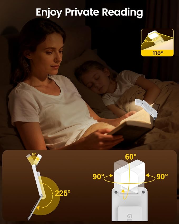 Glocusent Eye-Caring 12 LED Book Light, Compact Rechargeable Reading Light | Wide Full-Page Lighting, 5 Colors & 5 Brightness, Eye-Caring Bed Reading, Up to 100Hrs, Book Lovers, USB-C Rechargeable