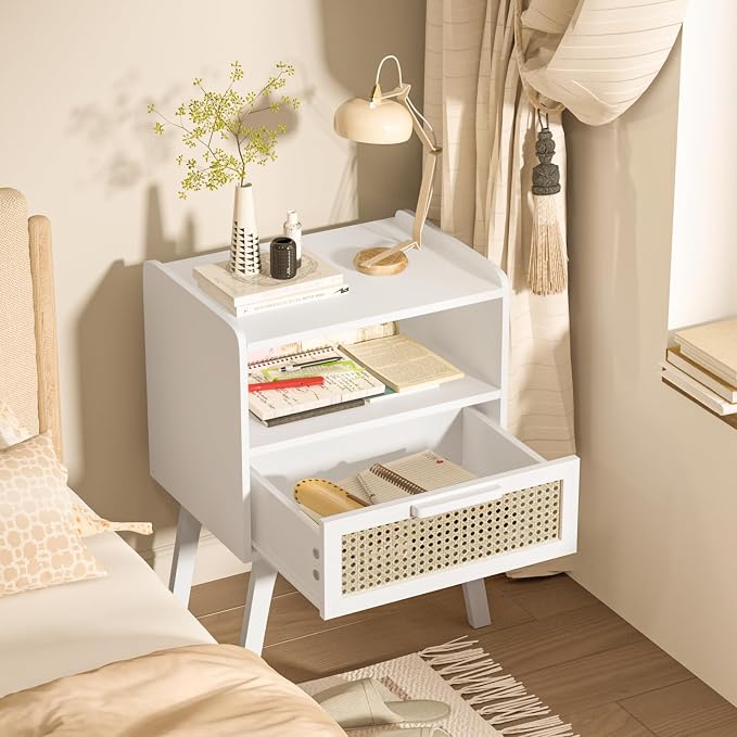 Lerliuo Rattan Nightstands Set of 2, Bedside Table with Drawer Open Shelf | Cane Accent Side End Table with Solid Wood Legs, White Mid Century Night Stand for Bedroom, Dorm and Small Spaces