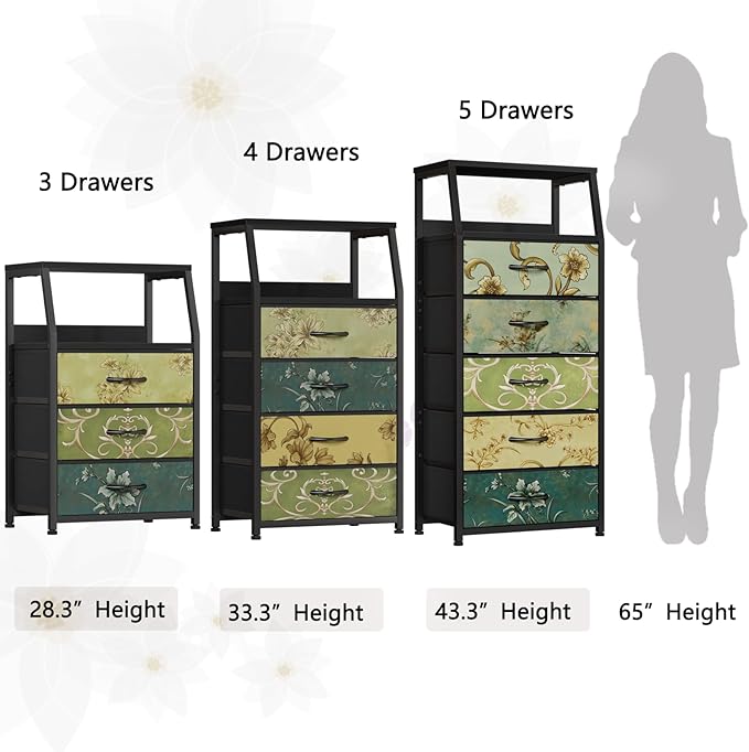 Furnulem Retro NightStand with 3 Drawer, Small Vintage Storage Dresser | Small Fabric Night stand Side Table with 2-Tier Shelf, Storage Drawer for Dorm, Closet, Bedside Table, Metal Frame, Wood Top