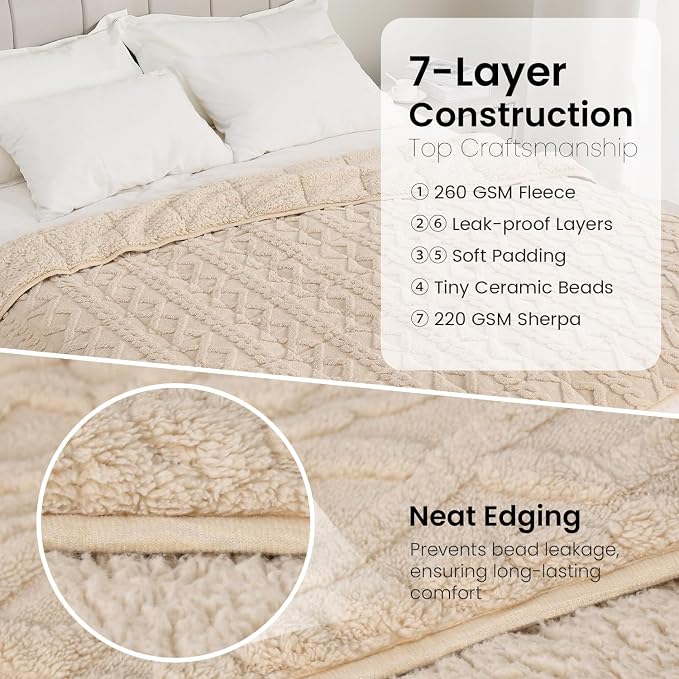 Drewin Weighted Blanket for Adults Full Size 10lbs,Beige,48 x 72 inches | Great for Sleep Natural and Relaxing，Soft Jacquard Sherpa with Glass Beads，Cozy Heavy Throw Blankets，Machine Washable
