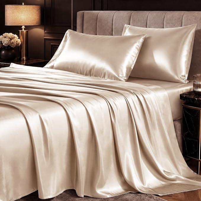 CozyLux Satin Sheets Queen, 4-Piece 14-Inch Deep Pocket Sheet Set | OEKO-TEX Certified Silky Soft Sheet Set for Hair & Skin, Luxurious Silky-Smooth Satin for Elegant Bedroom Decor, Champagne
