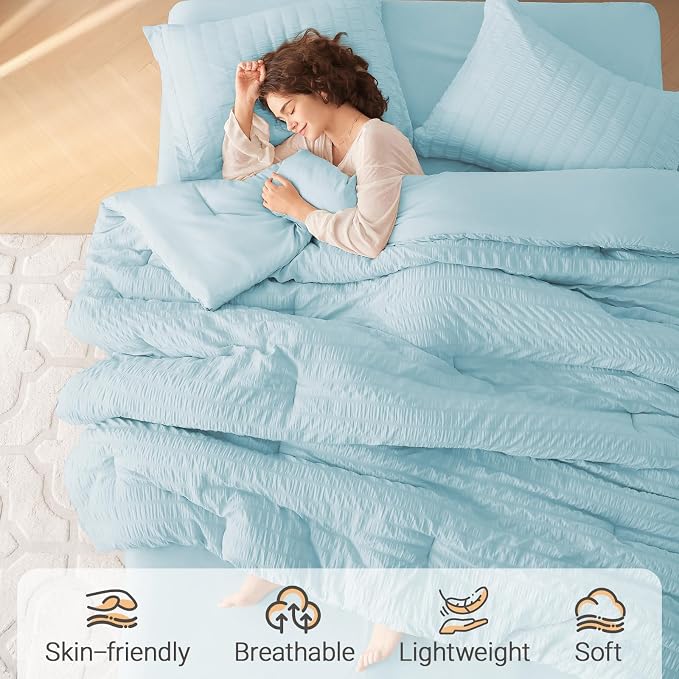 5 Pieces Twin Comforter Set, Seersucker Bed in a Bag Twin Size, All Season Luxury Bedding Set with Comforter, Flat Sheet, Fitted Sheet, Pillowcase & Sham, Lake Blue