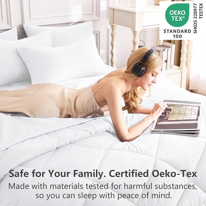 Full Size Comforter Sets White - 7 Pieces Complete Bedding Set | OEKO-TEX Certified, All Season, 240GSM Down-Alternative Comforter, Sheets, Pillowcases & Shams, 14" Deep Pocket, Easy Care