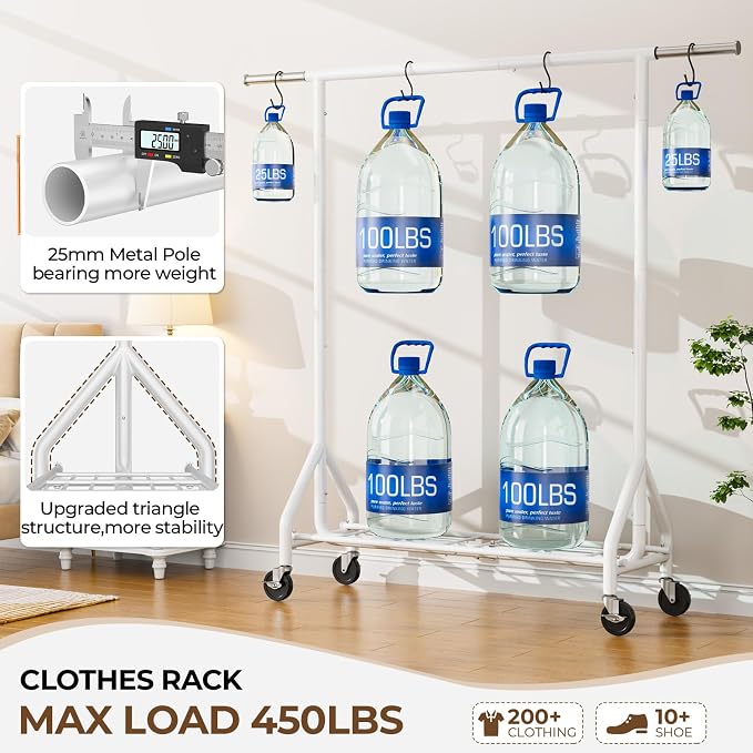 HYSEYY Heavy Duty Clothes Rack Load 450 LBS, Metal Garment Rack, Standing Rolling Clothing Rack for Hanging Clothes with Sturdy Wheels & Shelves, Portable Closet Wardrobe Rack,White