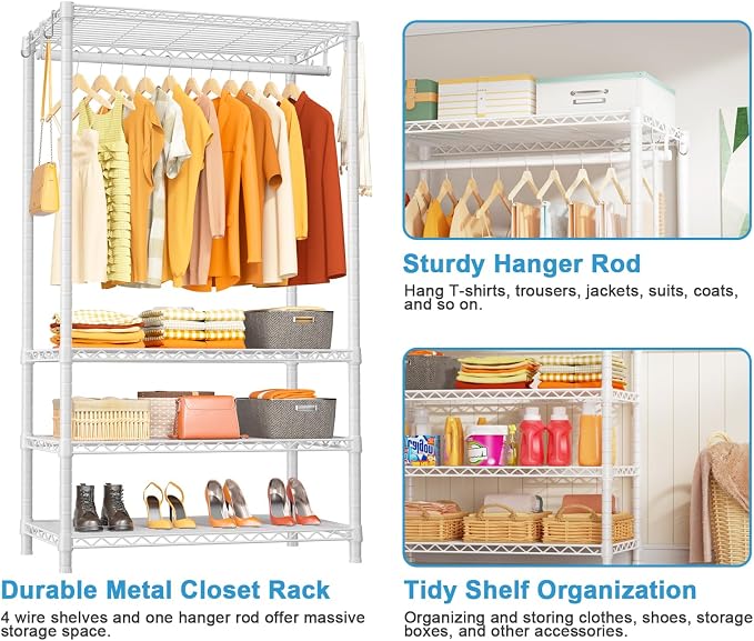 Ulif H4 Portable Closets, 4-Tier Metal Clothes Garment Rack for Bedroom and Cloakroom, Clothing Closet Storage and Organizer Wardrobe, 35.4" W x 14" D x 76.4" H, White | White Freestanding Clothing Closet Storage and Organizer Wardrobe for Apartment an...