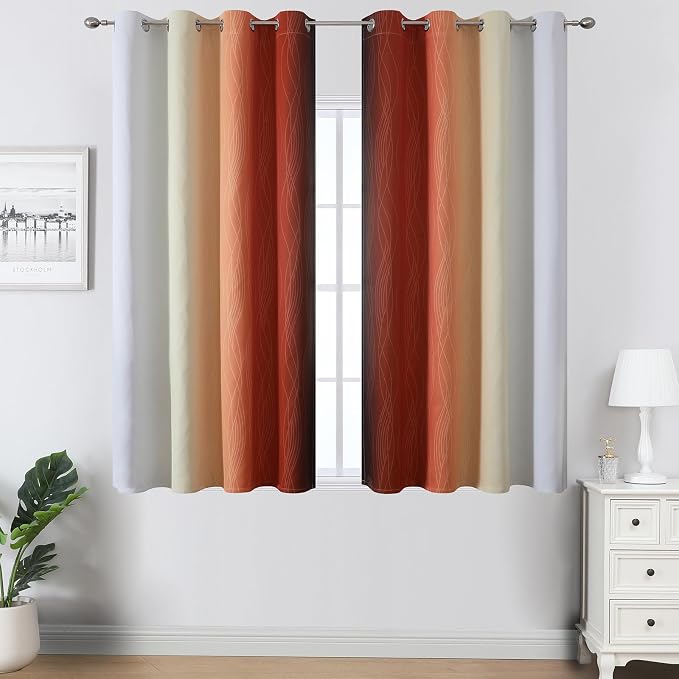 Burnt Orange and Greyish White Ombre Blackout Curtains 52Wx54L Inch Long | Light Blocking Short Window Curtains,Energy Saving,Thermal Insulated,Room Darkening Grommet Drapes for Bedroom,2 Panels