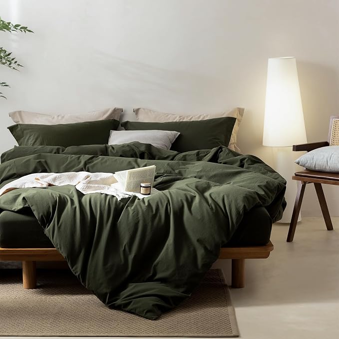BDEAR 3Pcs Olive Green Duvet Cover Set Super Queen Size 98" L x 90" W | 100% Washed Cotton, 1 Duvet Cover with 2 Pillowcases, Zipper Closure, OEKO TEX Standard,8 Corner Ties,Linen-Liked Texture