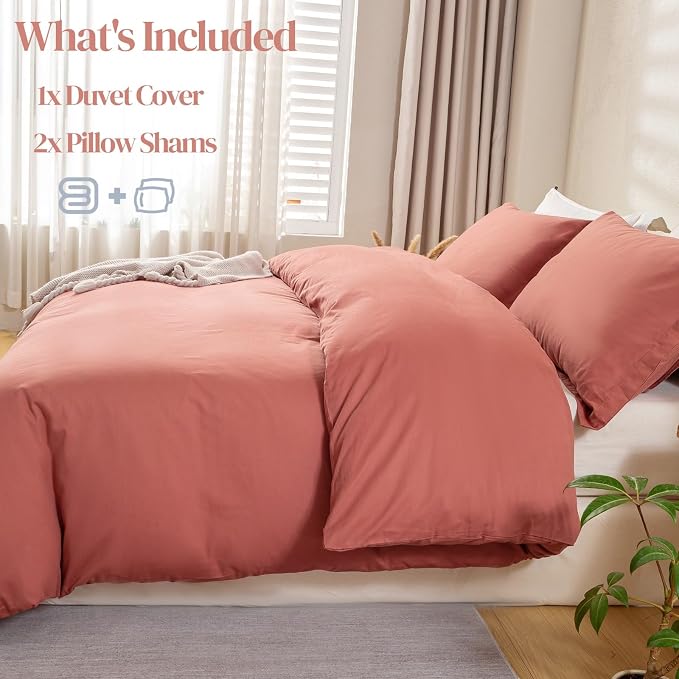OAITE Duvet Cover Set 100% Washed Cotton Solid 3pcs | Soft,Durable,Long-staple Cotton,Hidden Zipper with 8 Interior Corner Ties,2 Pillowcases,68"X90"