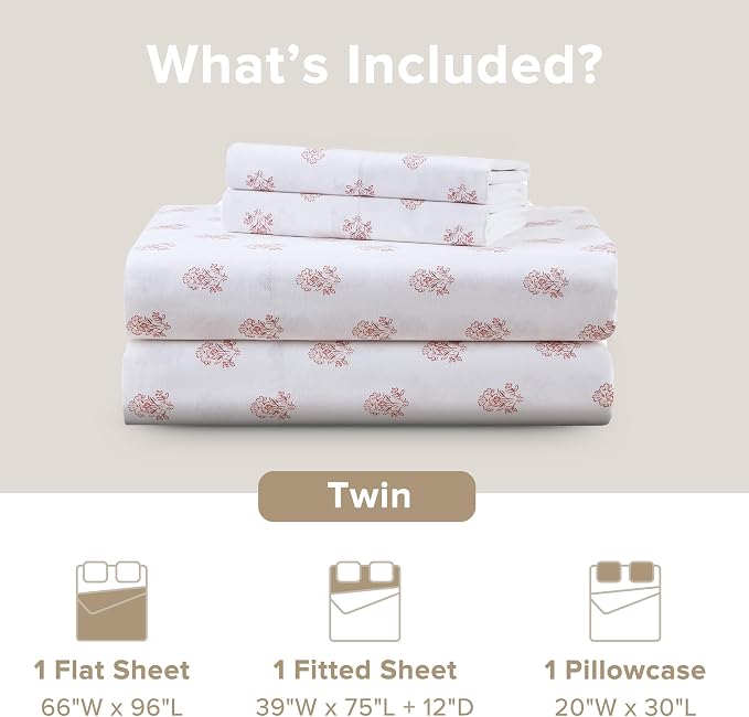 Comfort Spaces 100% Cotton Percale Sheets Twin Sheet Set 3 Pcs, Floral Pink | Crisp, Cool & Breathable Bed Sheets, 12" Deep Pocket Fits Up to 14" Mattress, Lightweight, All Season Cozy, with Pillow Case
