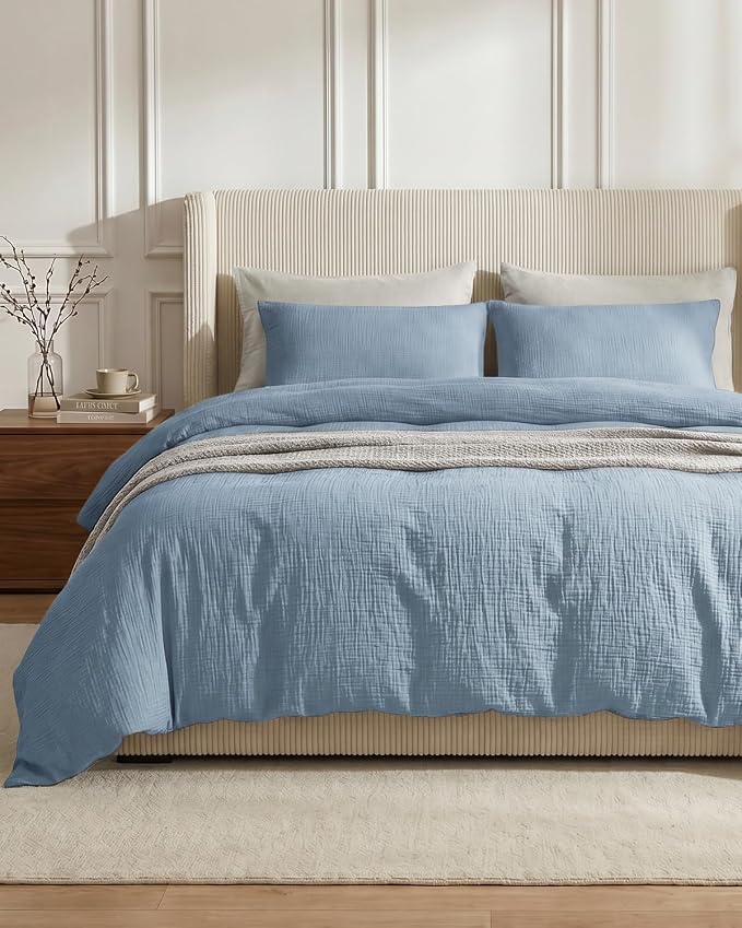 SE SOFTEXLY Muslin Duvet Cover King Size, 100% Washed Cotton Duvet Cover Set, Ultra Soft Comforter Cover Linen Like, 3 Pieces Minimalist Gauze Duvet Cover with 2 Pillowcases, 90"x104", Blue