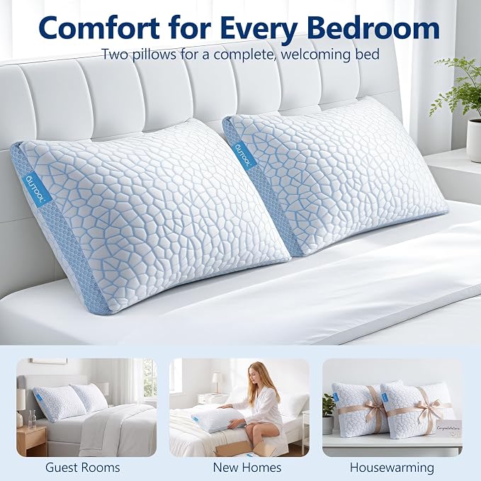 QUTOOL Enhanced Cooling Pillows for Sleeping, CertiPUR-US Shredded Memory Foam Pillows Queen Size Set of 2 for Hot Sleeper, Adjustable Bed Pillow for Side, Back, Stomach Sleepers Support Yet Soft Blue