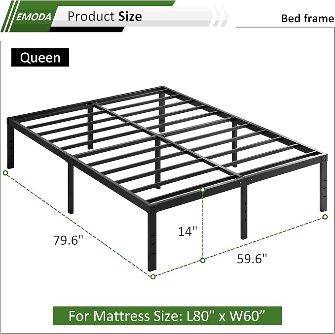 EMODA Queen Bed Frame No Box Spring Needed 14 Inch Heavy Duty Metal | Platform BedFrame Queen Size with Steel Slats, Easy Assembly, Black