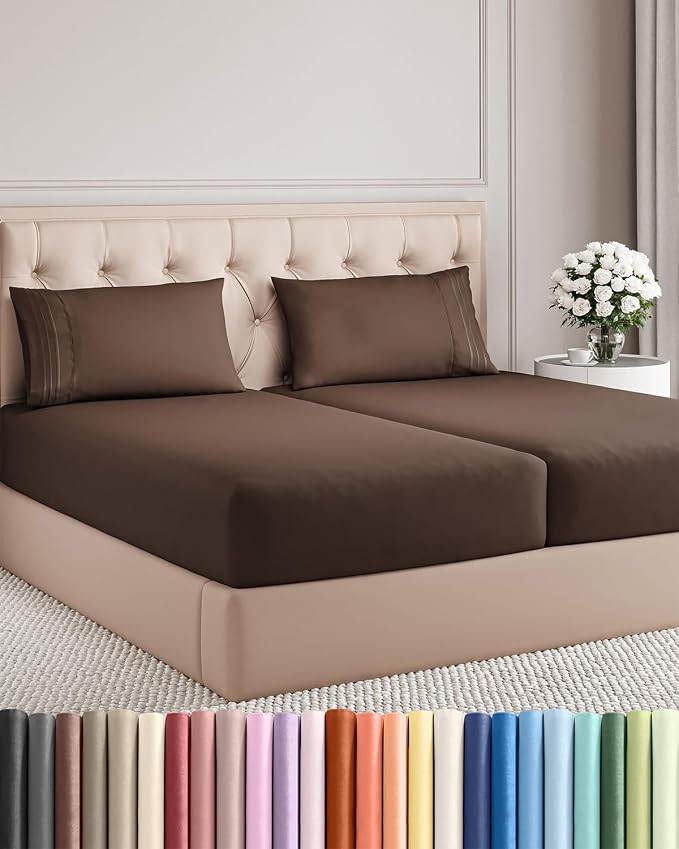 Split King Size 5 Piece Sheet Set - Breathable & Cooling Sheets - Brown | Hotel Luxury Bed Sheets for Women & Men, Deep Pockets, Easy-Fit, Comfy, Soft and Wrinkle Free Sheets, Oeko-Tex Bed Sheet Set