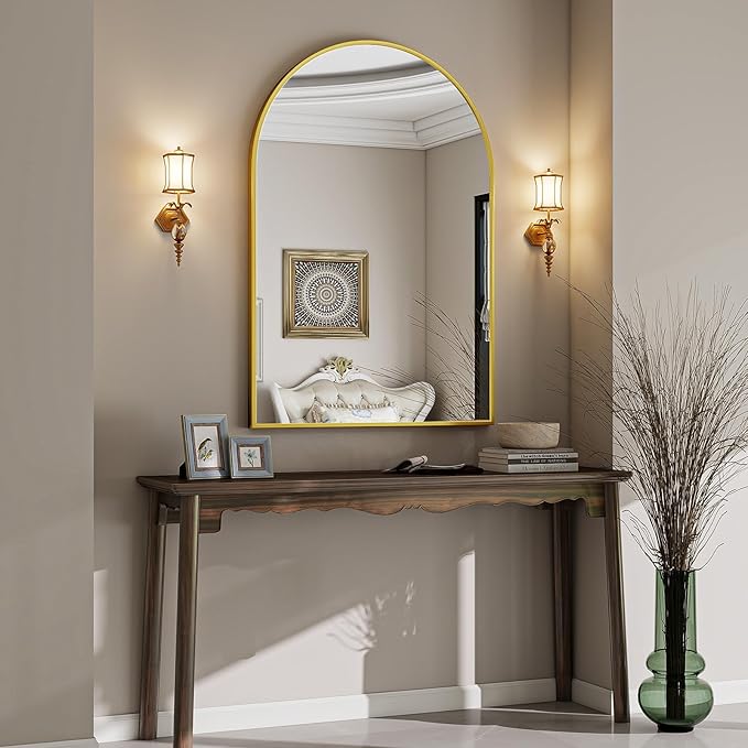 Large Arched Wall Mirror, 36 x 48 inch Arch Bathroom Mirror Gold | Wall Mounted Bathroom Vanity Mirror with Arch Metal Frame, Modern Room Decor for Bedroom, Entryway, Hanging or Leaning