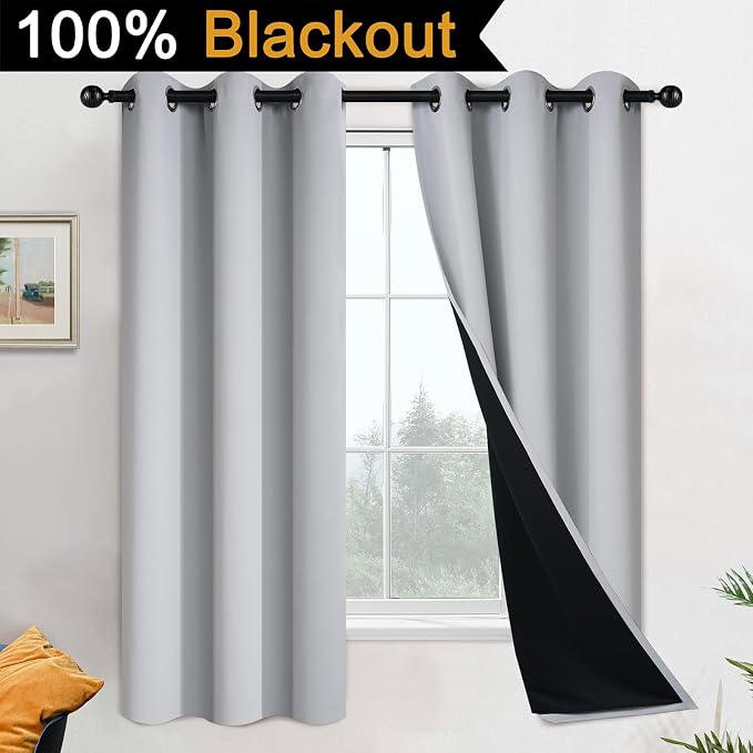 Yakamok Light Grey 100% Blackout Curtains 63 Inches Long 42" Wide 2 Panel | Blackout Curtain Panels for Bedroom, 2 Thick Layers Grommet Top Thermal Insulated Drapes with Black Liner for Living Room