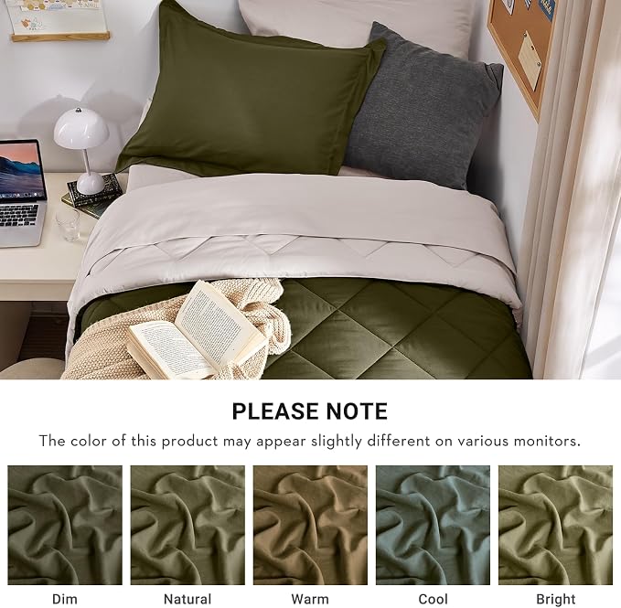 5 Pieces Twin XL Comforter Set, Reversible Bed in a Bag Twin XL Size, All Season Bedding Set with Comforter, Flat Sheet, Fitted Sheet, Pillowcases & Shams, Olive Green & Beige