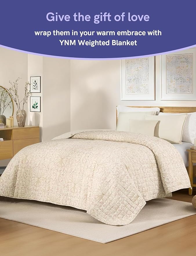 YnM 15lbs Weighted Blanket for Adults, Linen Heavy Bed Throw Blanket with Cooling Glass Beads for All Season Use, Ideal for ~140lbs (60x80 Inches, Queen, Campanula)
