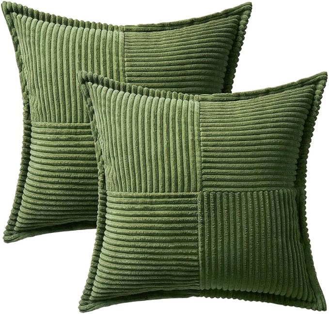 MIULEE Decorative Throw Pillow Covers for Couch 18x18 Inch Moss Green | 2 Pack, Boho Broadside Striped Patchwork Pillow Covers, Soft Corduroy Cushion Cases, For Sofa Bed Livingroom Home Decor
