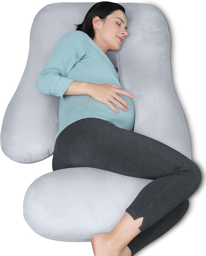 MOON PARK Pregnancy Pillows for Sleeping - U Shaped Full Body Maternity Pillow with Removable Cover - Support for Back, Legs, Belly, HIPS - 65 Inch - Light Grey - Cooling Cover