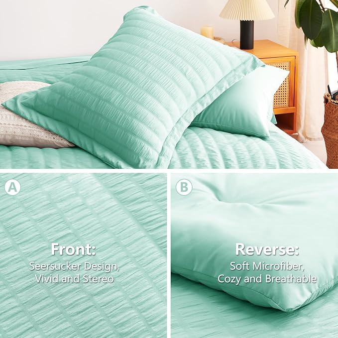 Queen Comforter Set, 7 Pieces Mint Green Seersucker Bed in a Bag | OEKO-TEX Certified, All Season Bedding Set with 240 GSM Down Alternative Comforter, Flat & Fitted Sheets, Pillowcases & Shams